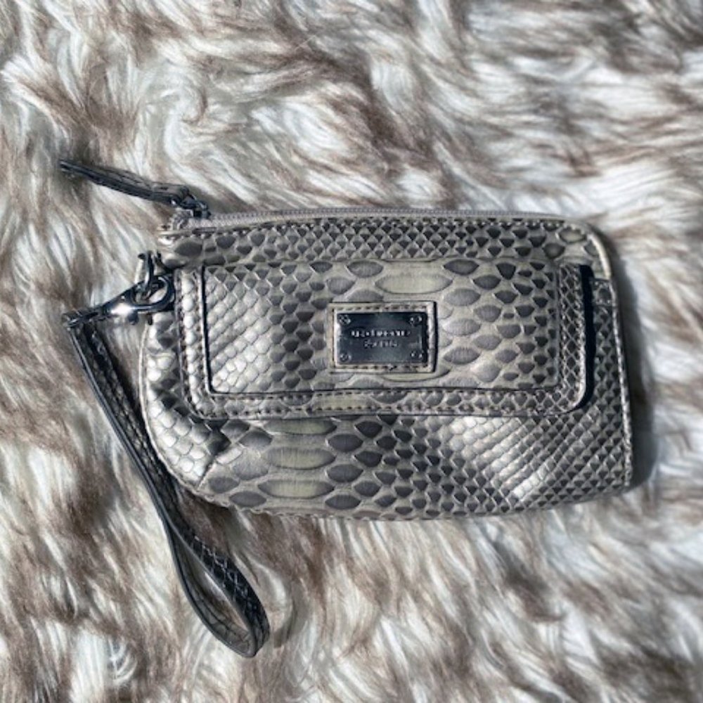 Liz Claiborne Silver Metallic Faux Snakeskin Wristlet